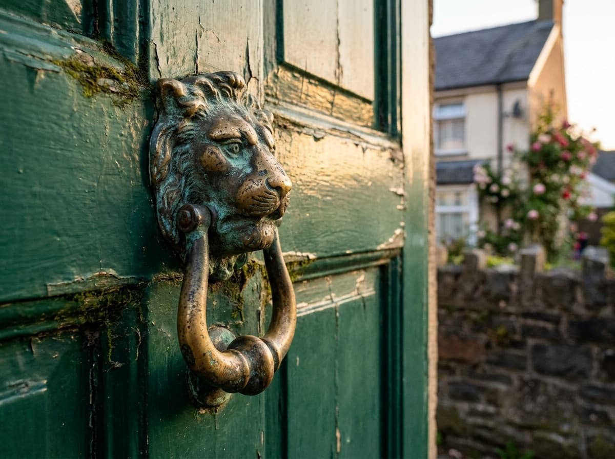 A brass door knocker on a green front door