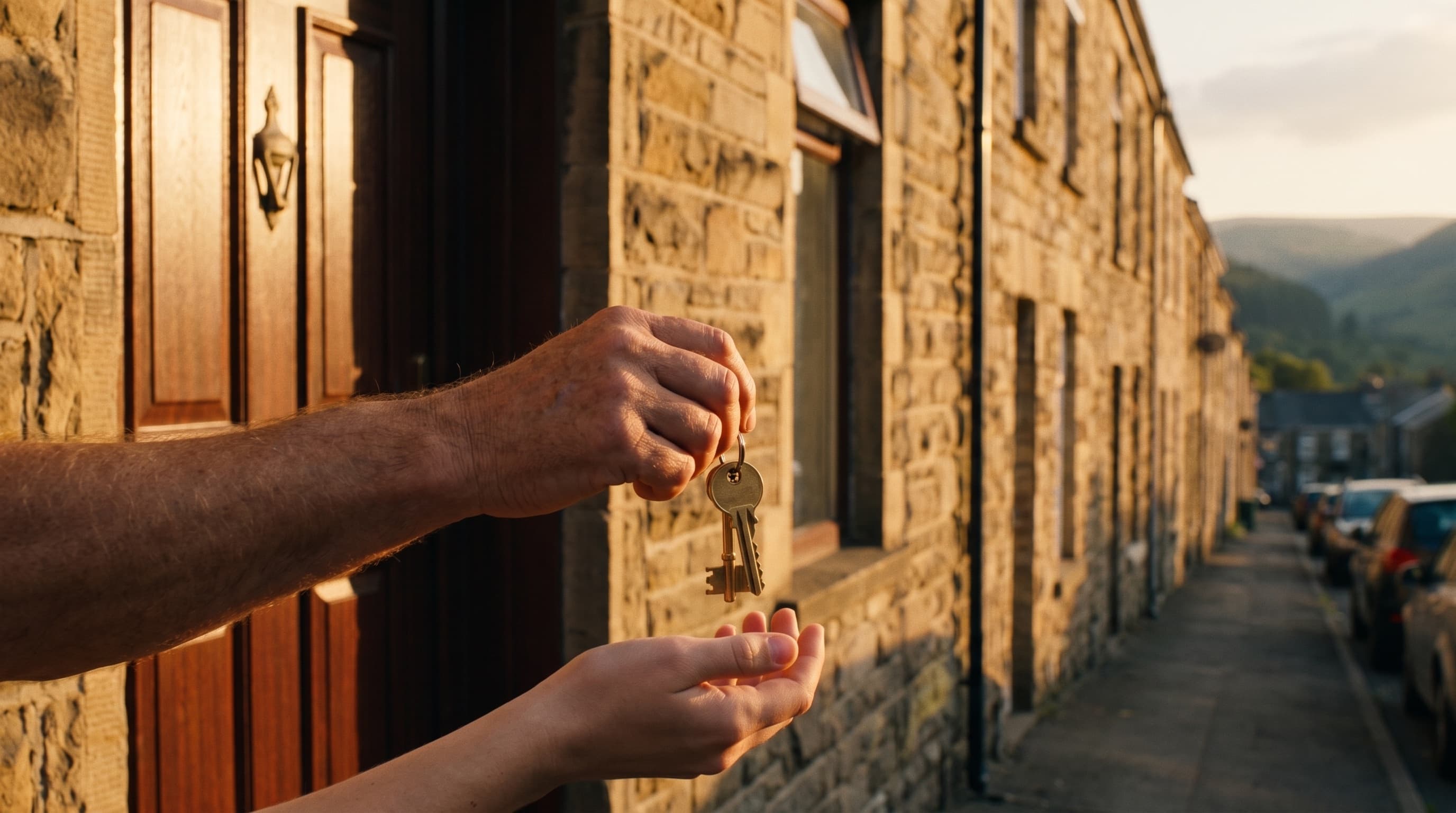 Keys changing hands outside a terraced home