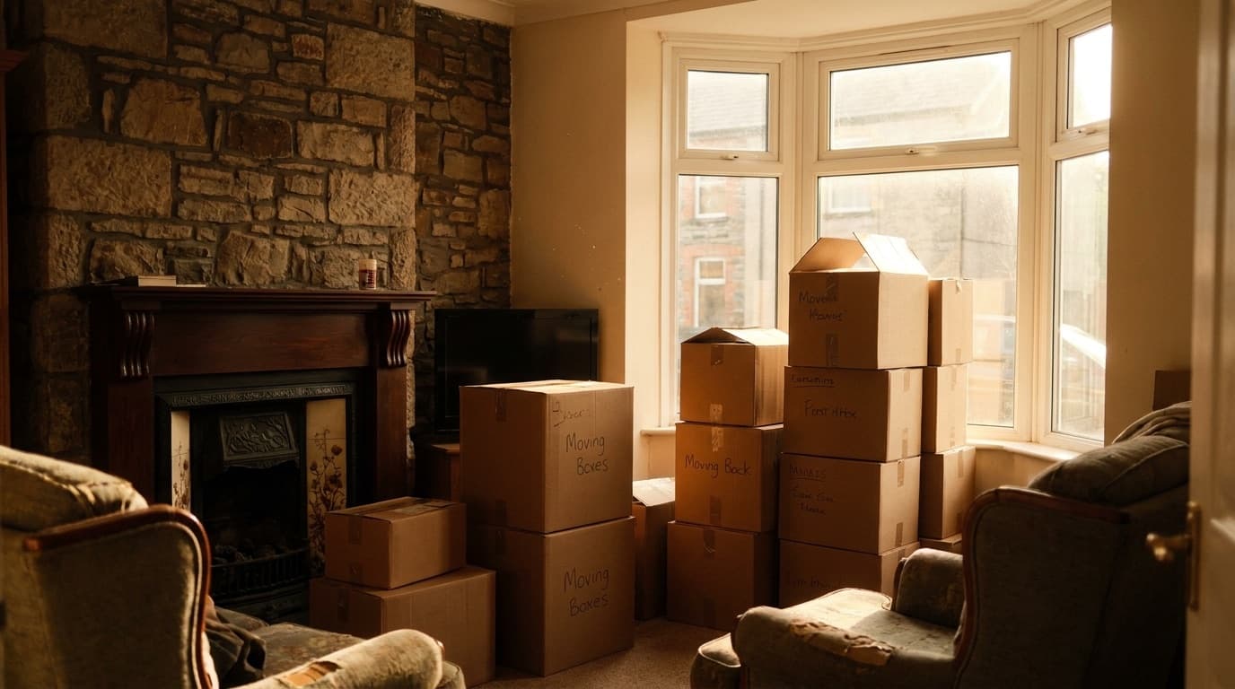 Moving boxes in a terraced house bay window