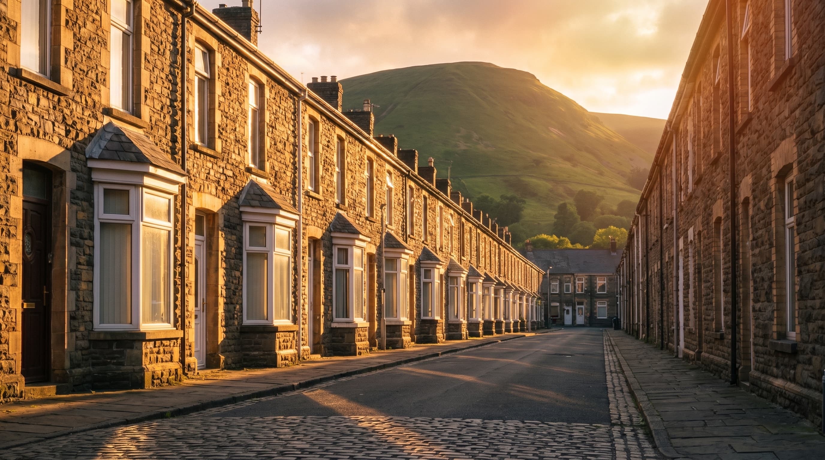 A terraced street at golden hour